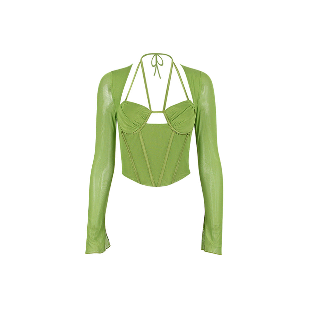 Women's Sexy Gauze Long Sleeve Corset Hollow Out Navel Irregular Spice Girl Fishbone Top Female