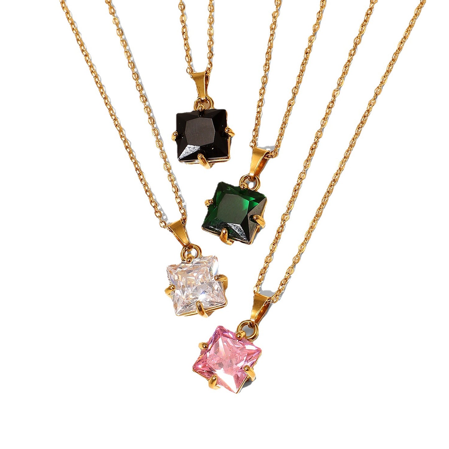 5pcs Elegant Pendant Necklace 18K Gold Stainless Steel Large White // Green/Black Square Zirconium Pendant Necklace