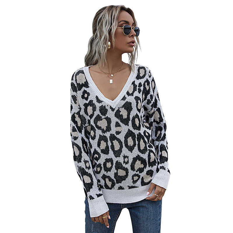 Autumn Wind Long Sleeve V-Neck Leopard Print With Bottom Knit Sweater Woman