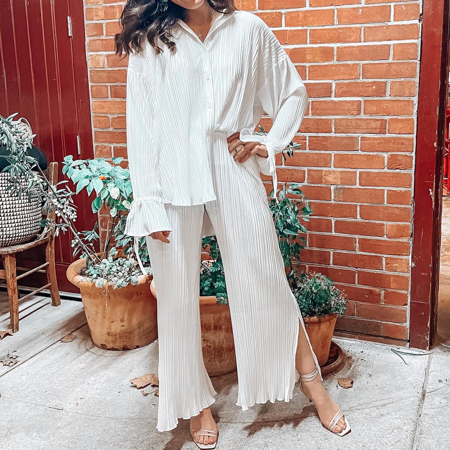 Women's Autumn New Fashion Set Pleated Shirt Long Sleeve Split Pajamas Two-Piece Set