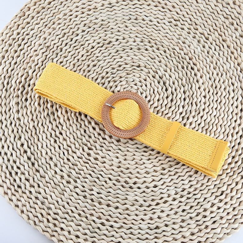 Cotton Hemp Wind Pp Grass Woven Belt For Women Round Square Buckle Dress Gown Decoration Belt