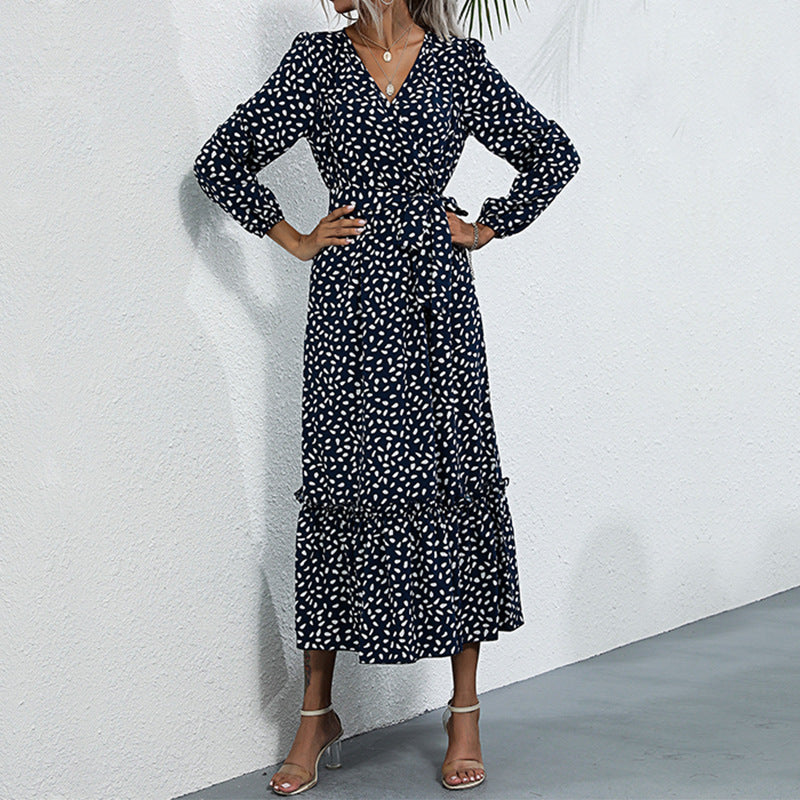 Women's Temperament Long Dress Split Green Floral Dress Autumn And Winter