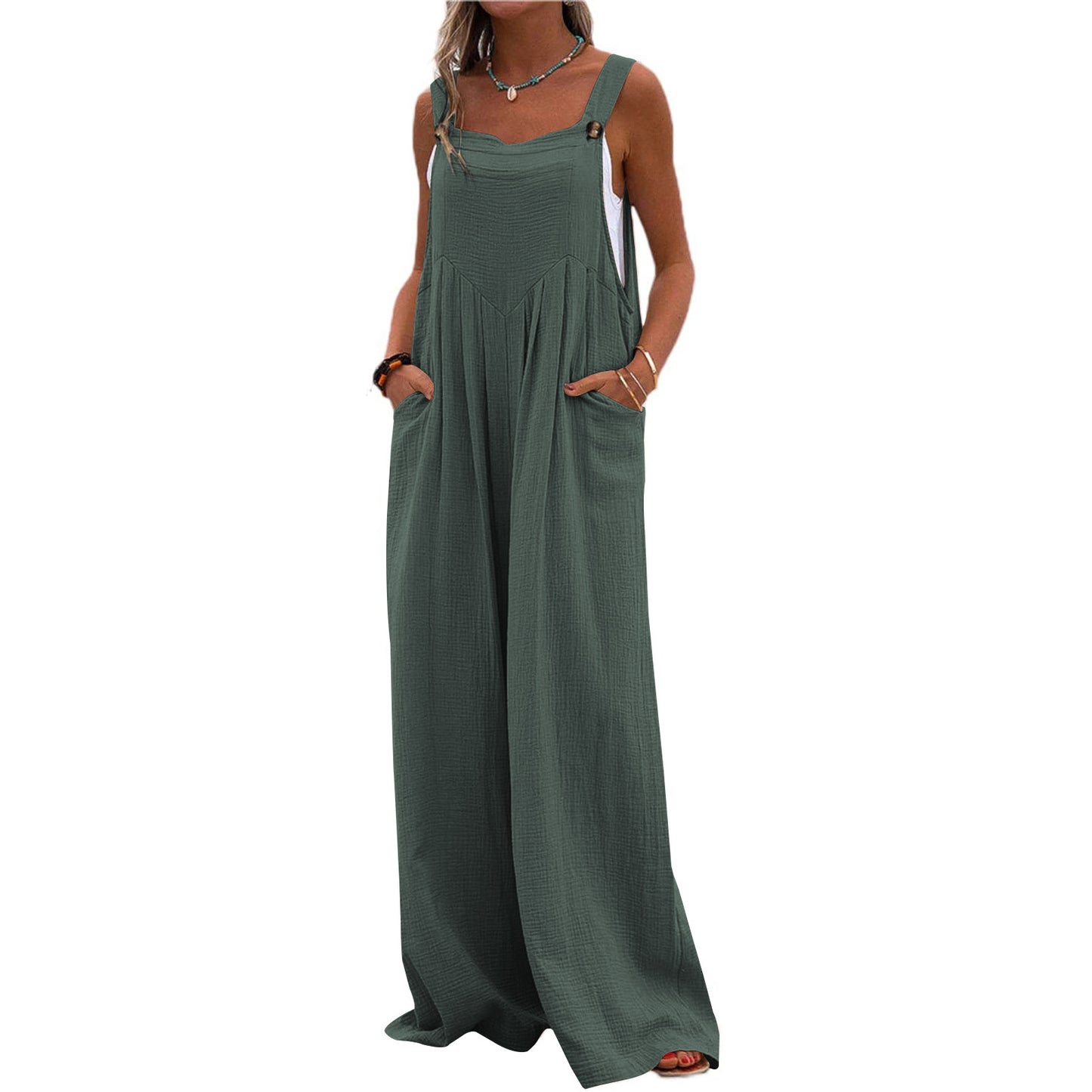 Casual Summer Romper With Loose Straps Pocket Cotton Hemp Breathable Wide Leg Pants Home Commuter Pants