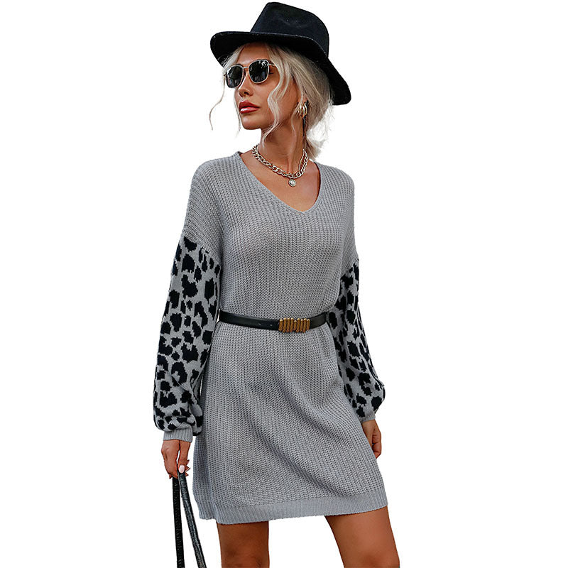 Autumn and Winter Chic Leopard Fur Dress: Women's Long-Sleeved V-Neck Fashion Statement