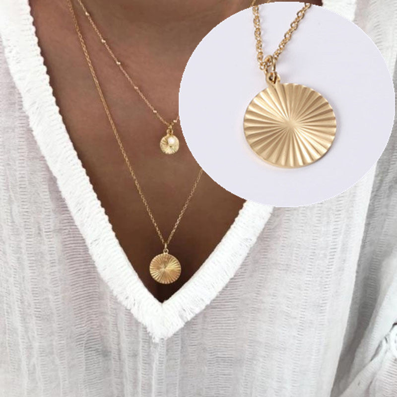 5pcs Fashionable Titanium Steel Sun Disk Pendant Necklace 18K Gold Plated Stainless Steel Coin Necklace For Men And Women Jewelry