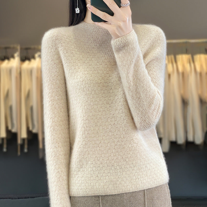 Autumn And Winter Knitted Pure Woolen Sweater Female Half Turtleneck Hollowed Out Loose Pullover Sweater Slimming Top Base Shirt