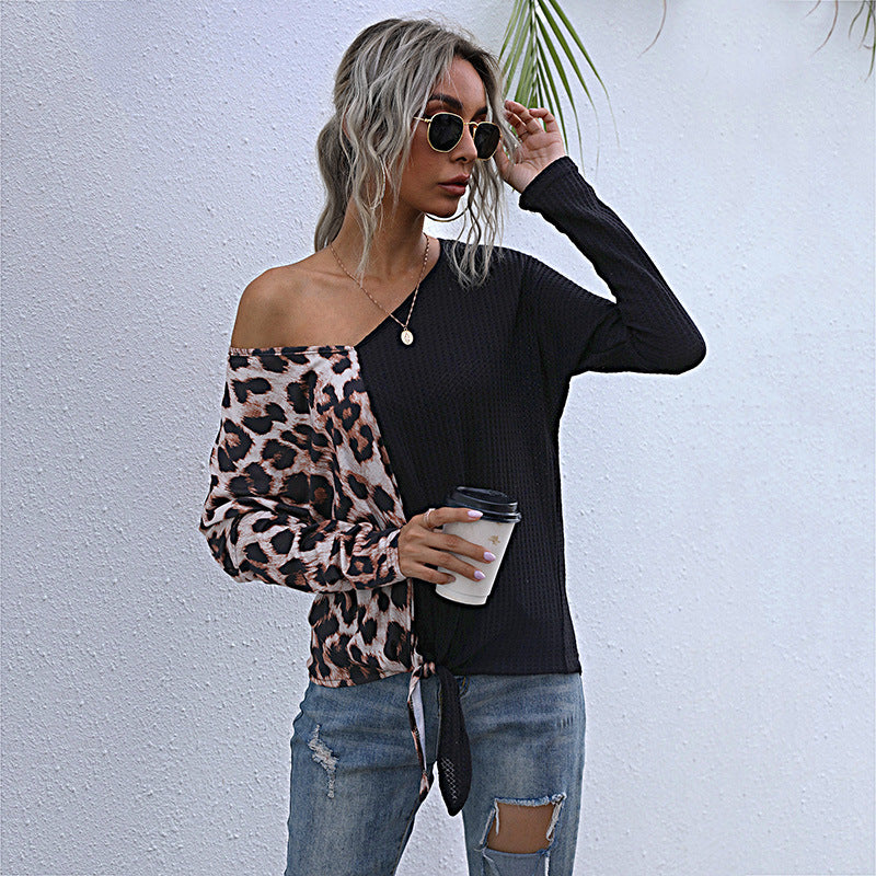 Casual Loose Top Female Splicing Leopard Print V-Neck Long-Sleeved Sweater