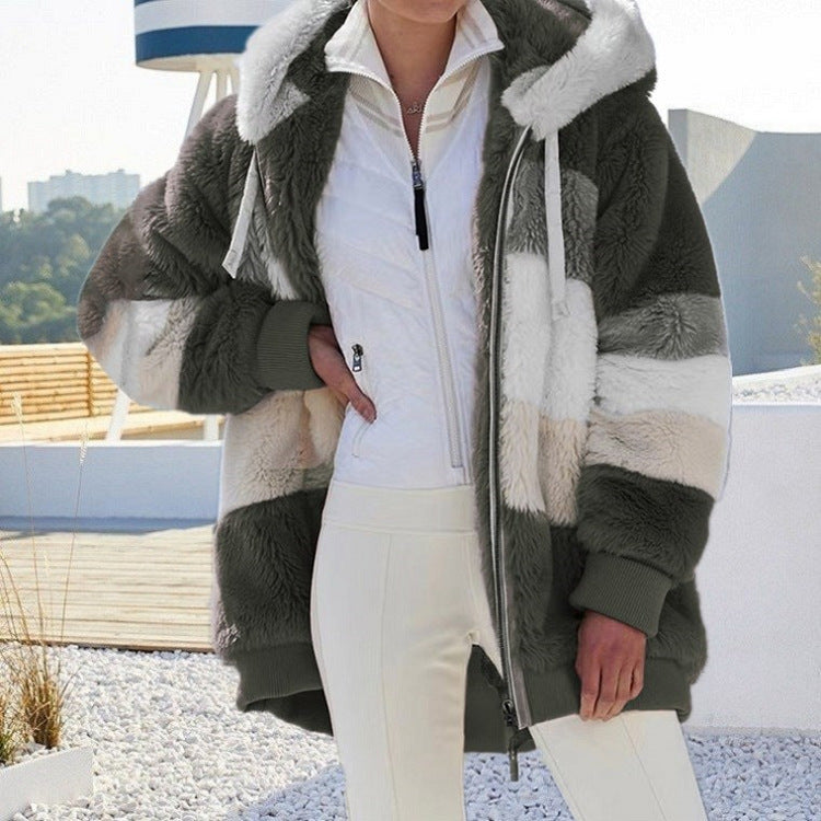 Autumn And Winter Warm Plush Patchwork Zipper Pocket Hooded Loose Coat Women