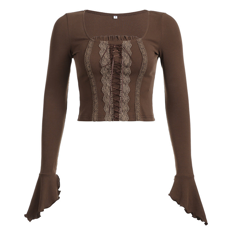 Street Spice Style Sexy Low V-Neck Long Sleeve T-Shirt Fishbone Waist Irregular Slim Draw Pleated Crop Top
