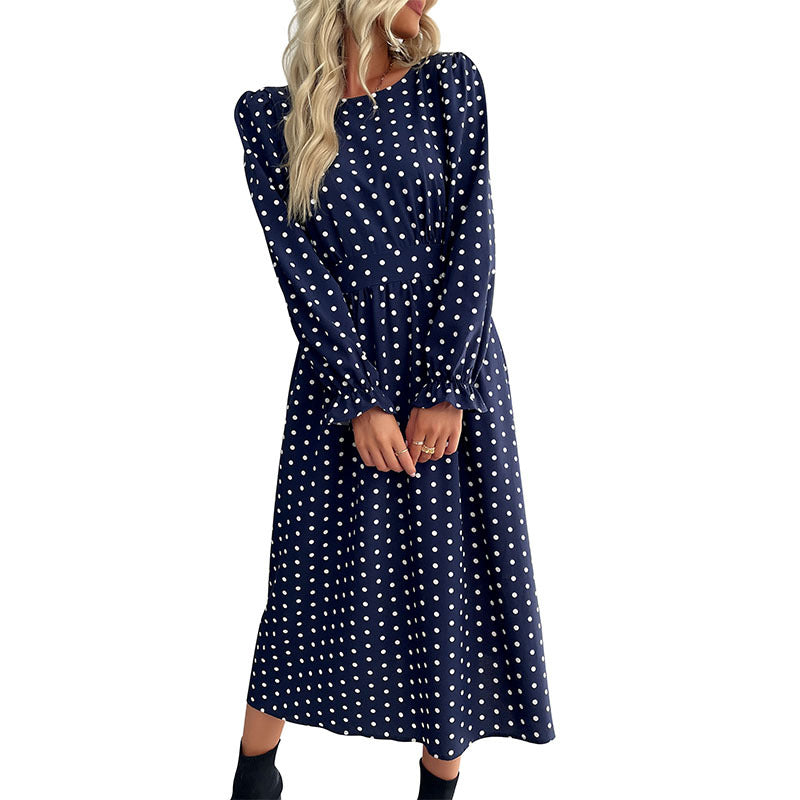 Fashion Women's Autumn And Winter New Long-Sleeved Blue Dot Mid-Length Dress