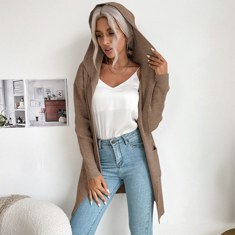 Autumn and Winter Women's Hooded Knitted Sweater Cardigan Coat