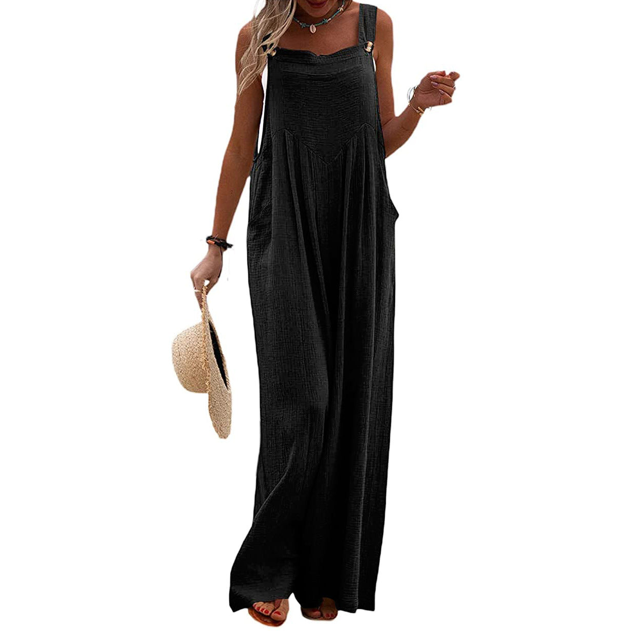 Casual Summer Romper With Loose Straps Pocket Cotton Hemp Breathable Wide Leg Pants Home Commuter Pants