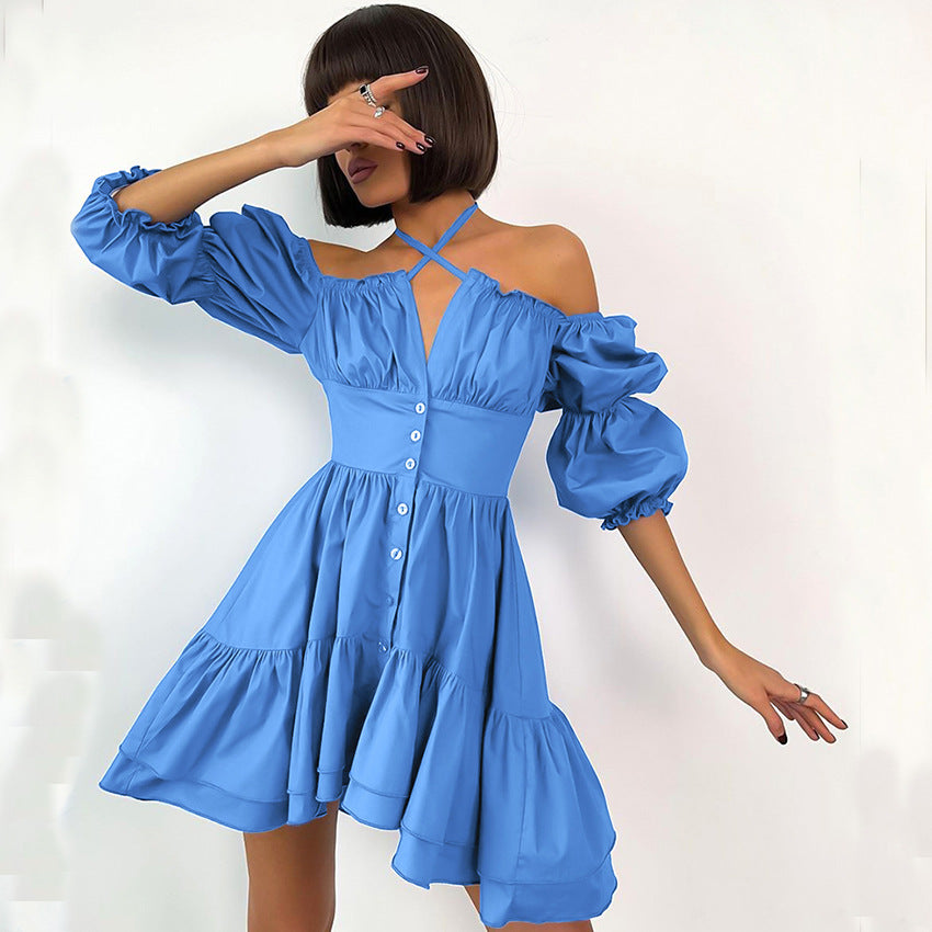 New Solid Color Halter-Neck Square Collar Bubble Sleeve Sexy Dress Summer Dress Skirt