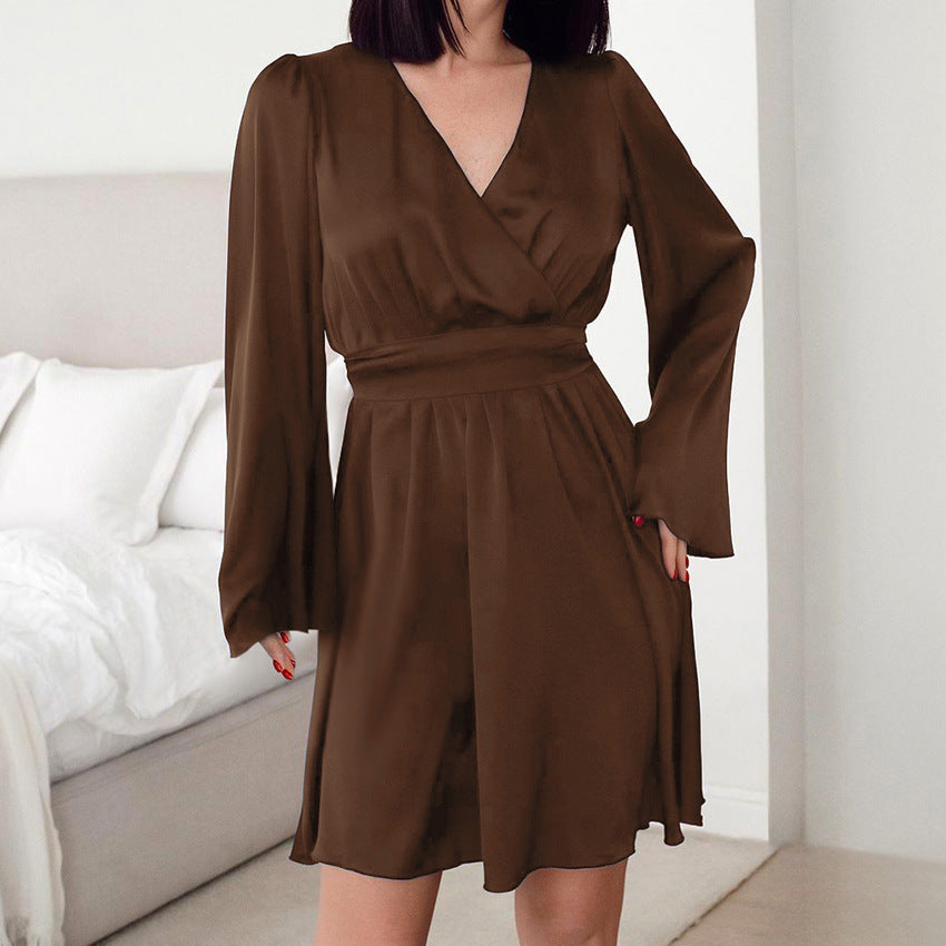 Navy Blue V-Neck Flared Sleeves Commuter Lace-Up Dress New Spring Fashion Short Skirt Women