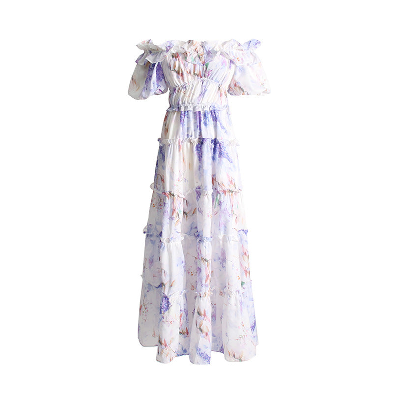 New Spring New Style One Shoulder Fold Print Lady Long Style Swing Dress