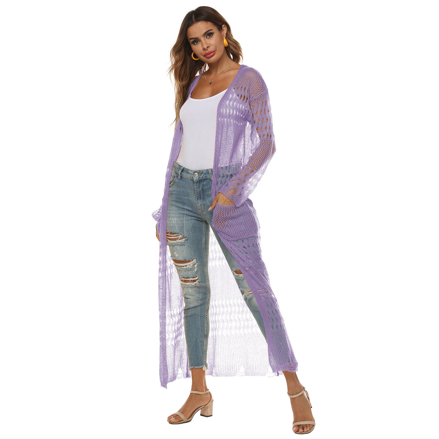 Women's Knitted Sweater Large Pocket Long Cardigan Casual Coat Multi-Color