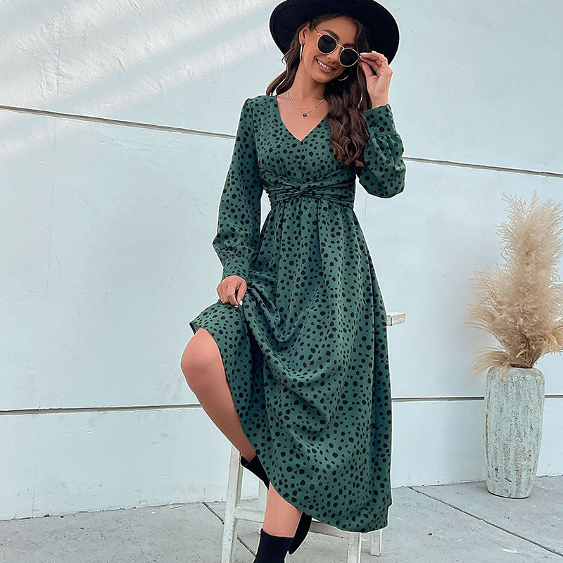 Fashion Women's New Green Long-Sleeved Leopard Print Long Dress