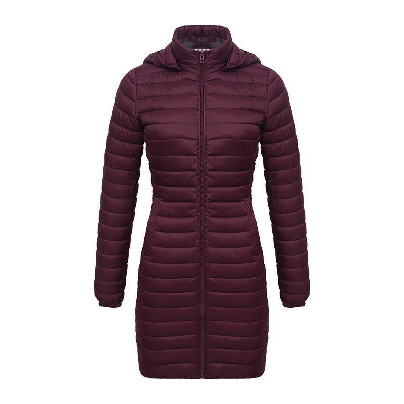 Women's Fall/Winter Lightweight Mid-Length Slim-Fit Cotton-Padded Jacket Removable Hooded Casual Commuter Coat