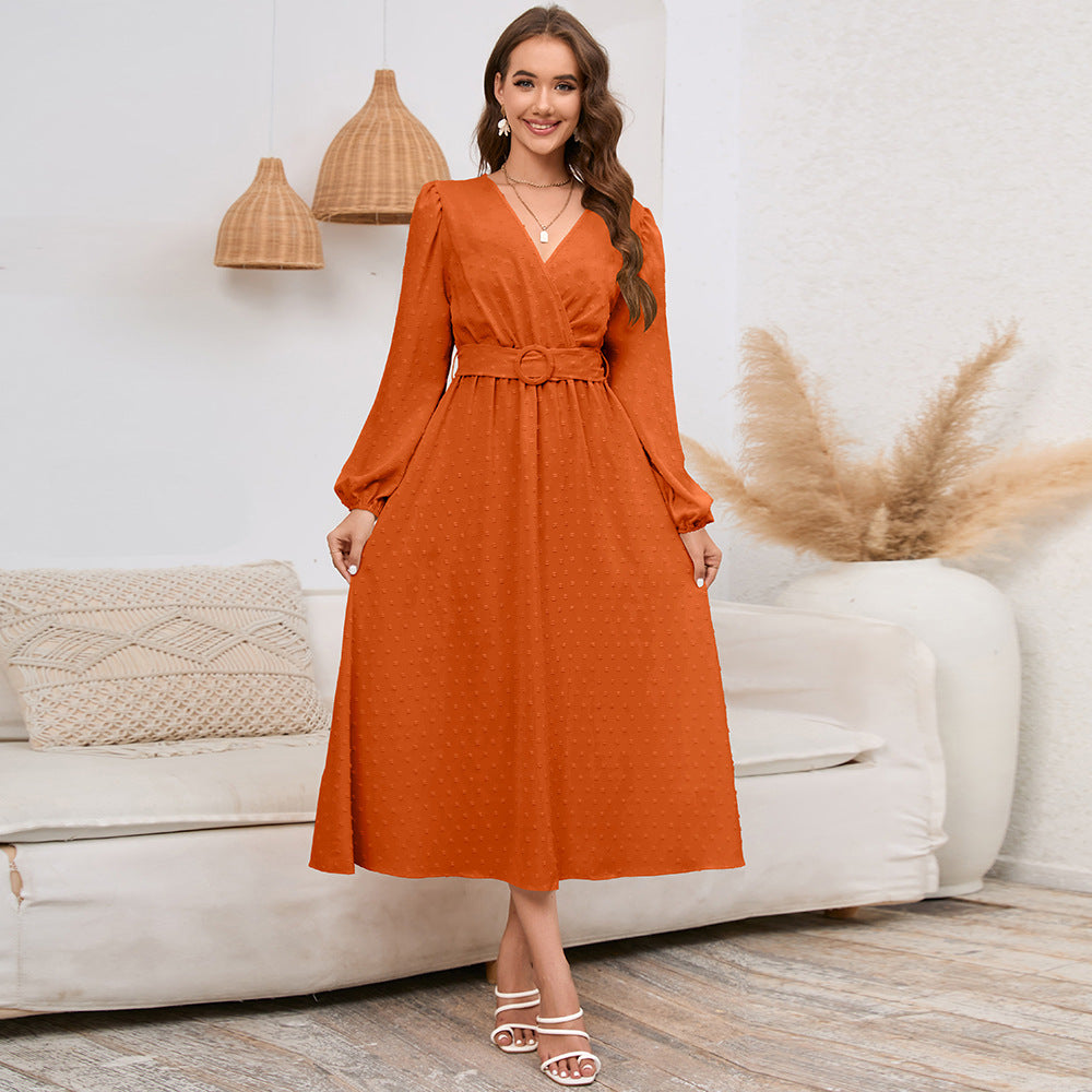 Women's Dress V-Neck Long Sleeve Jacquard Dress Autumn And Winter New Burst