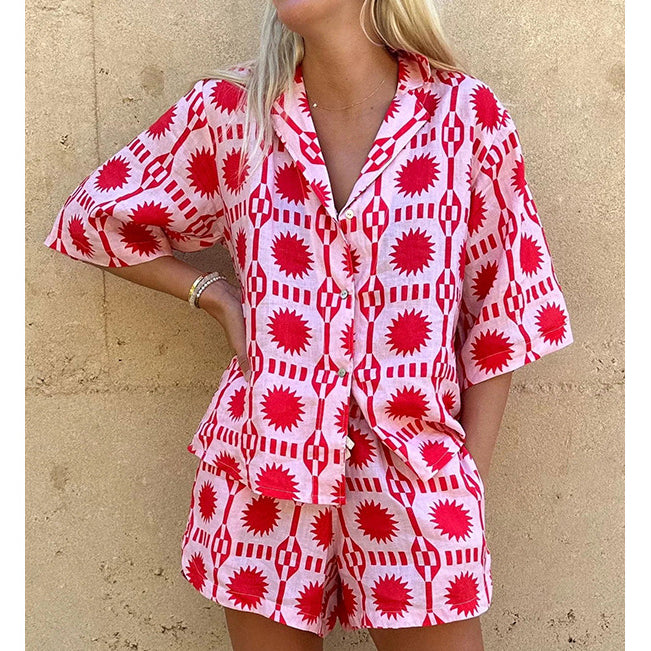 Spring And Summer New Lapel Short-Sleeved Pocket Set Leisure Loose Vacation Two-Piece Women