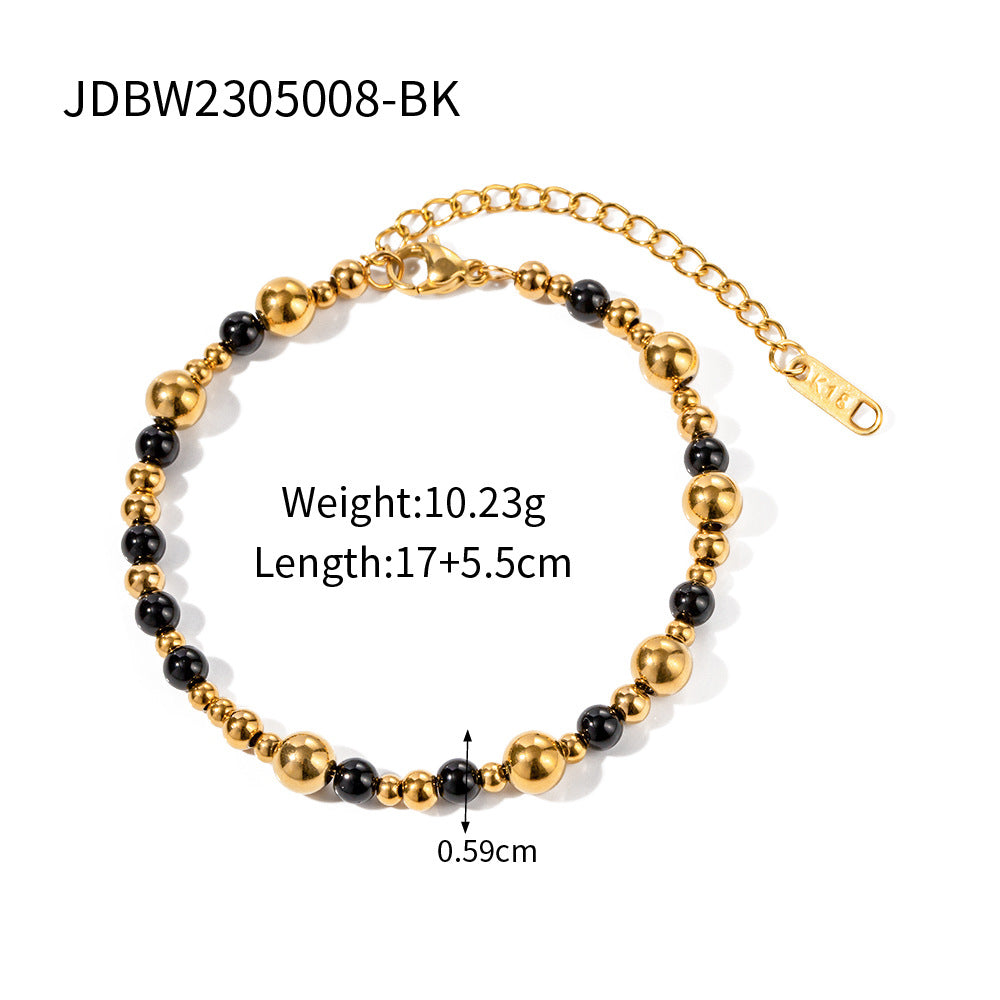 5pcs Fashion Popular 18K Gold Stainless Steel Black Agate Beads Necklace Jewelry Bracelet Combination