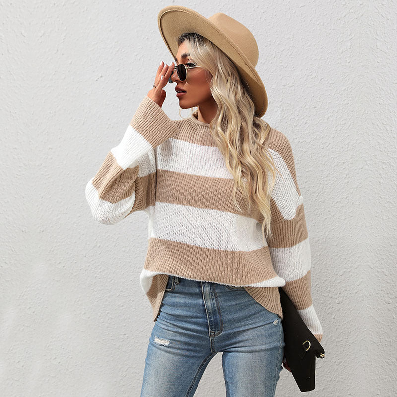 New Autumn And Winter Fashion Women's Long-Sleeved Striped Half Turtleneck Sweater