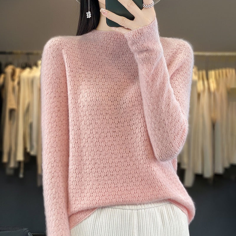 Autumn And Winter Knitted Pure Woolen Sweater Female Half Turtleneck Hollowed Out Loose Pullover Sweater Slimming Top Base Shirt