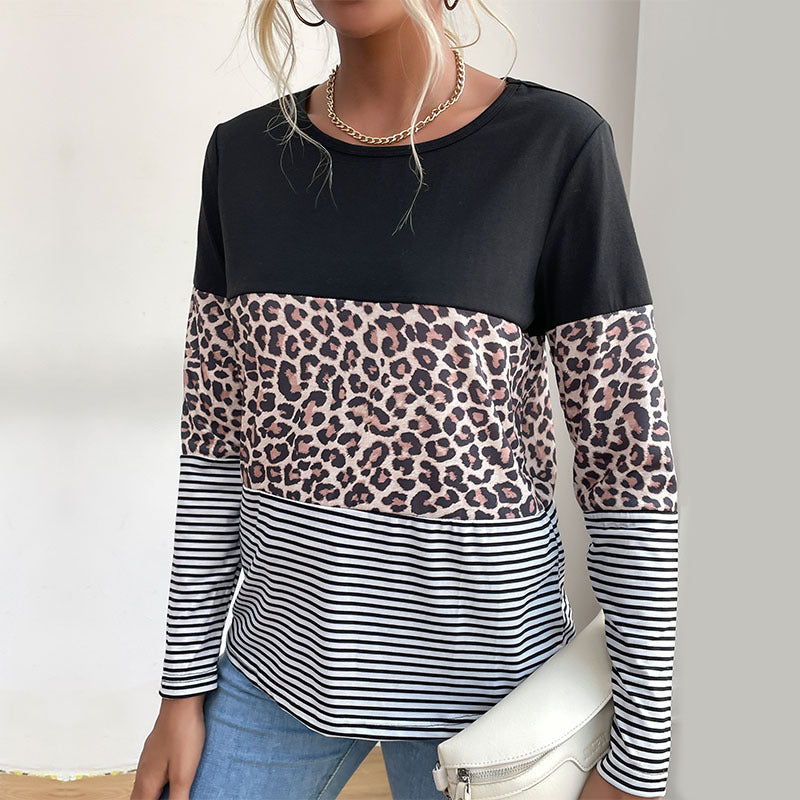 Autumn Contrast Color Leopard Print Round Neck T-Shirt for Women