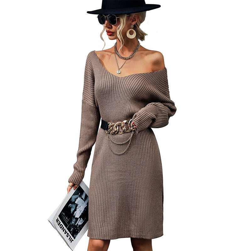 Casual Long Sleeve Pit Strip Solid Color V-Neck Sweater Dress