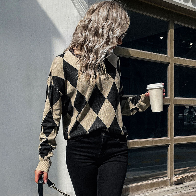 New Fashion Women's Autumn Winter Ring-Checkered Long-Sleeved Sweater Female