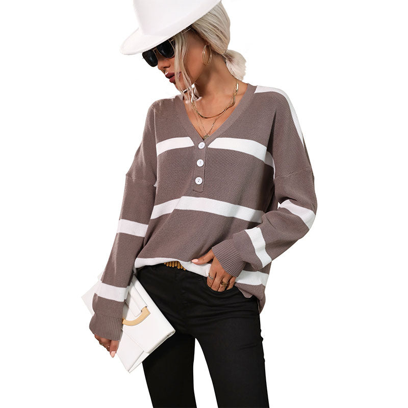 New Women's Autumn V-Neck Long Sleeve Striped Sweater Woman