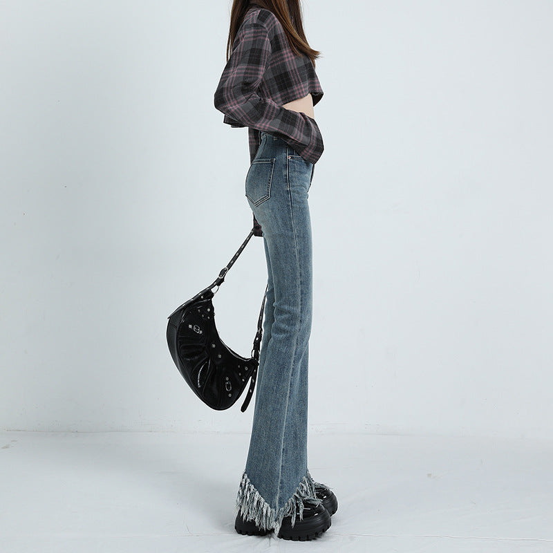 Spring And Autumn New Retro Fringe High Waist Micro Flared Jeans Women Slim Slim Stretch Raw Edge Mop Pants