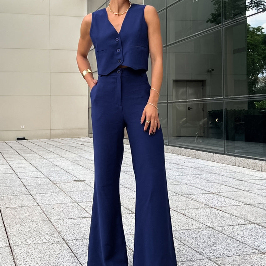 Khaki V-Neck Sleeveless Vest Set New Autumn Fashion Women's Two-Piece Set
