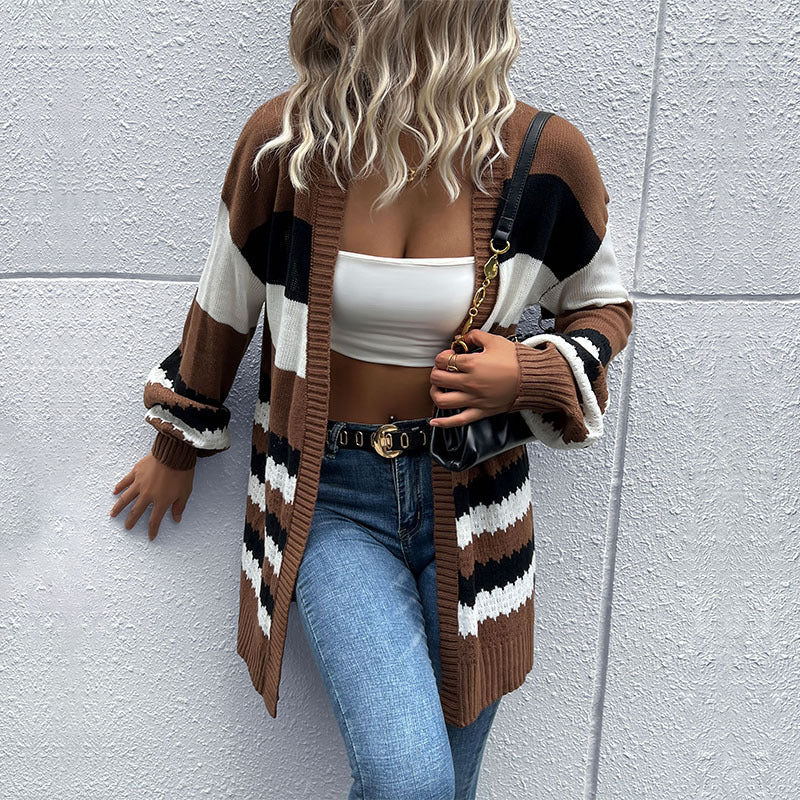New Autumn And Winter Casual Fashion Coat Color Long-Sleeved Sweater Cardigan Woman