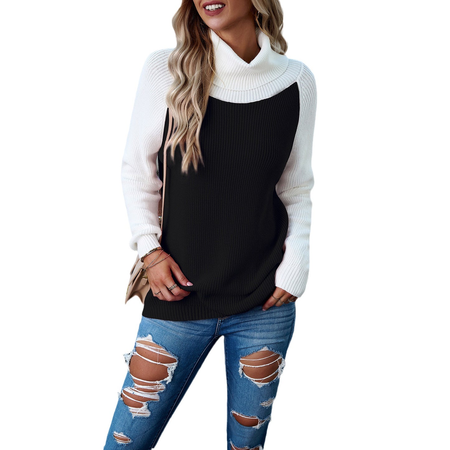 Women's Clothing New Autumn And Winter Color Contrast Turtleneck Solid Color Sweater