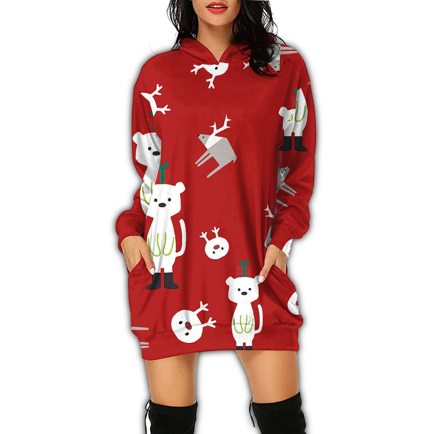 Autumn Women's Print Casual Long-Sleeved Hoodie Dress Christmas Holiday Party Dress