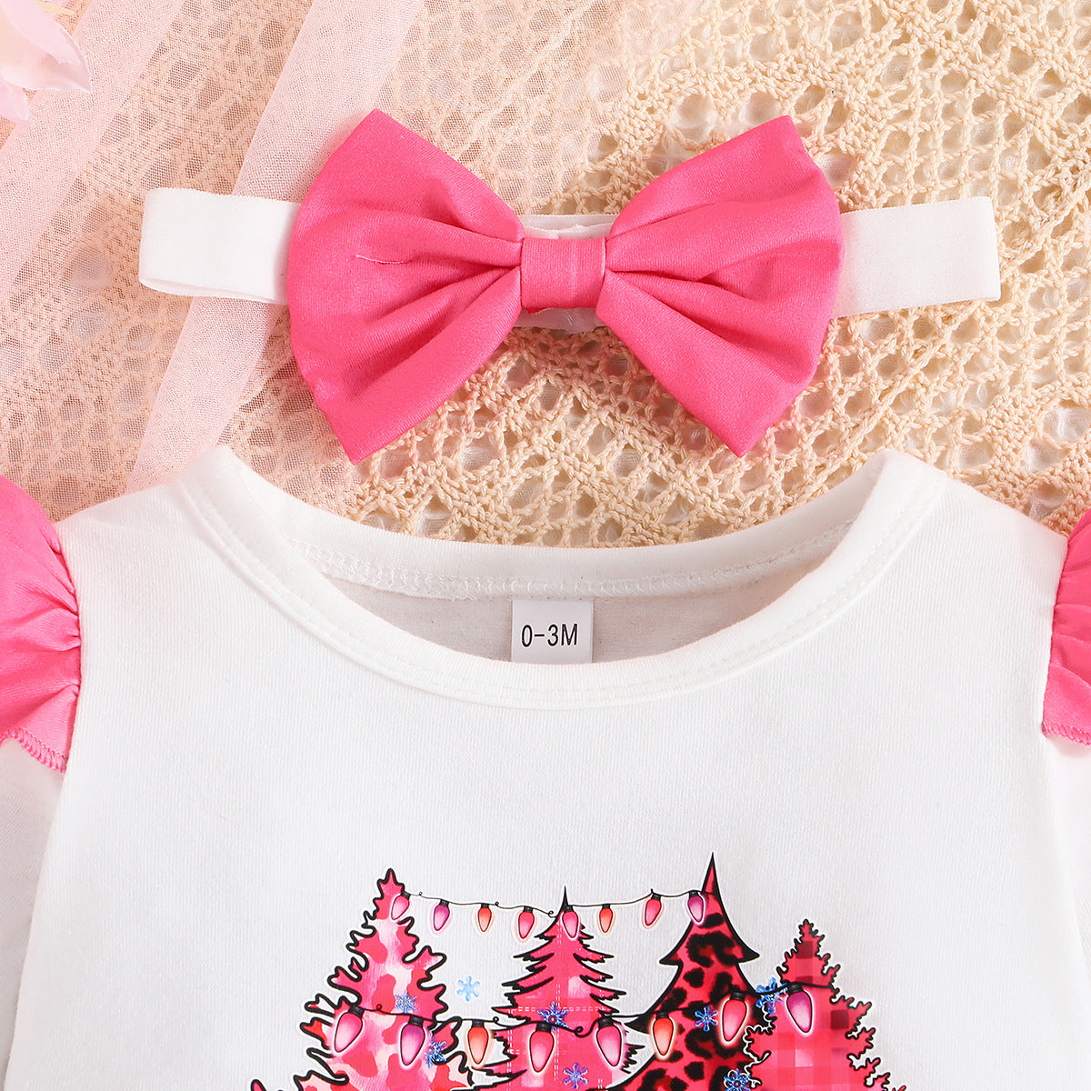 Christmas New Fashion Children's Headscarf + Lace Printed Top + Leopard Lace Pants Three-Piece Set