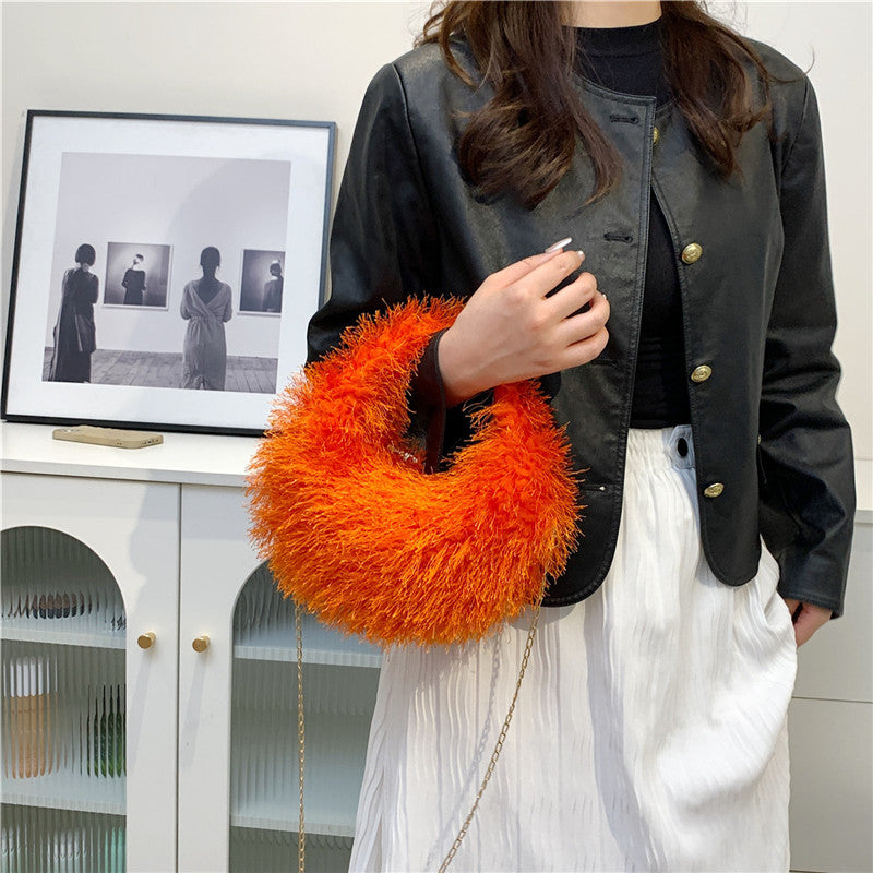 Autumn and Winter Simple Fringe Plush Small Round Handbag