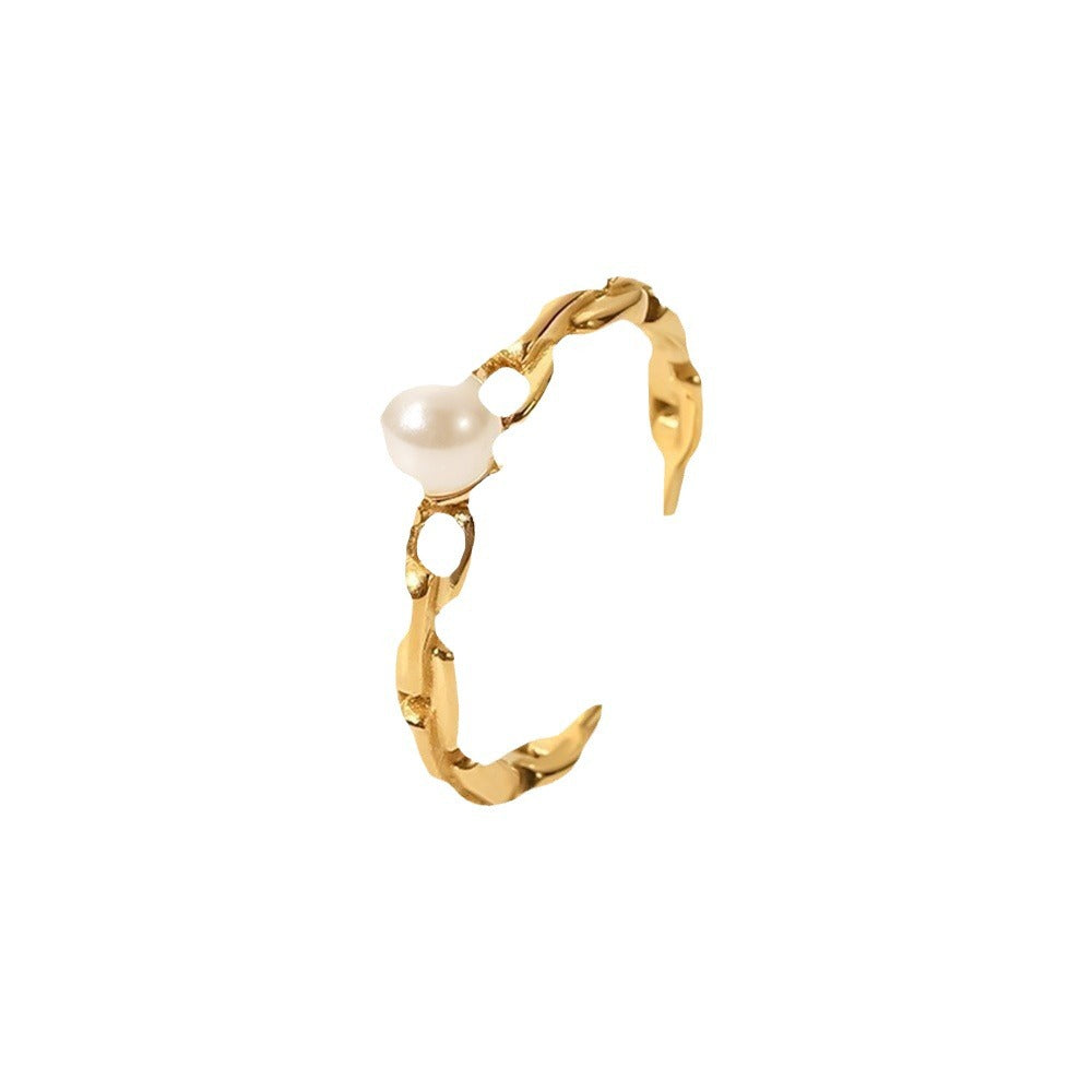 5pcs Women's Simple Geometric Titanium Steel Ring 18K Gold Chain Ring Pearl Earrings Fashion All-Match Ring