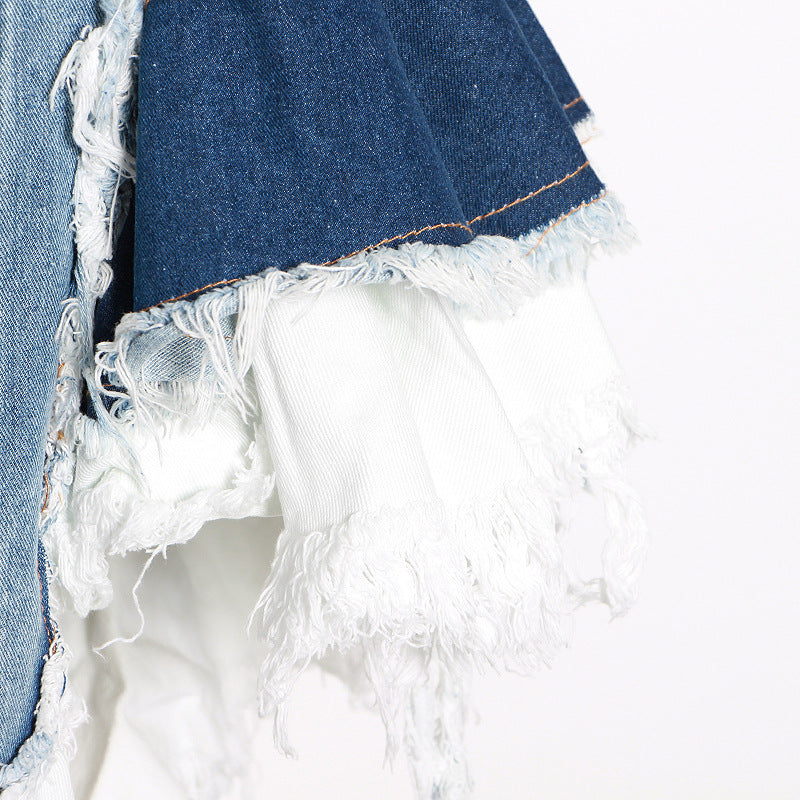Spring New Niche Design Sense Color Matching Denim Waist Slimming Waistcoat Halter Top Female Tide