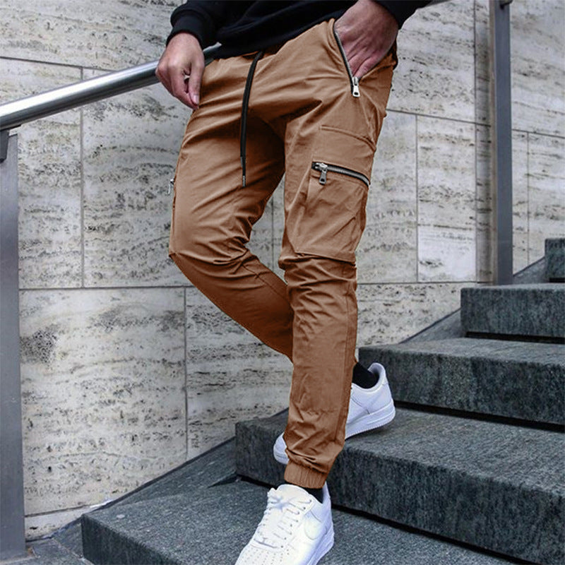 Multi-Pocket Sports Basketball Zipper Cargo Pants Small Feet Casual Men's Pants