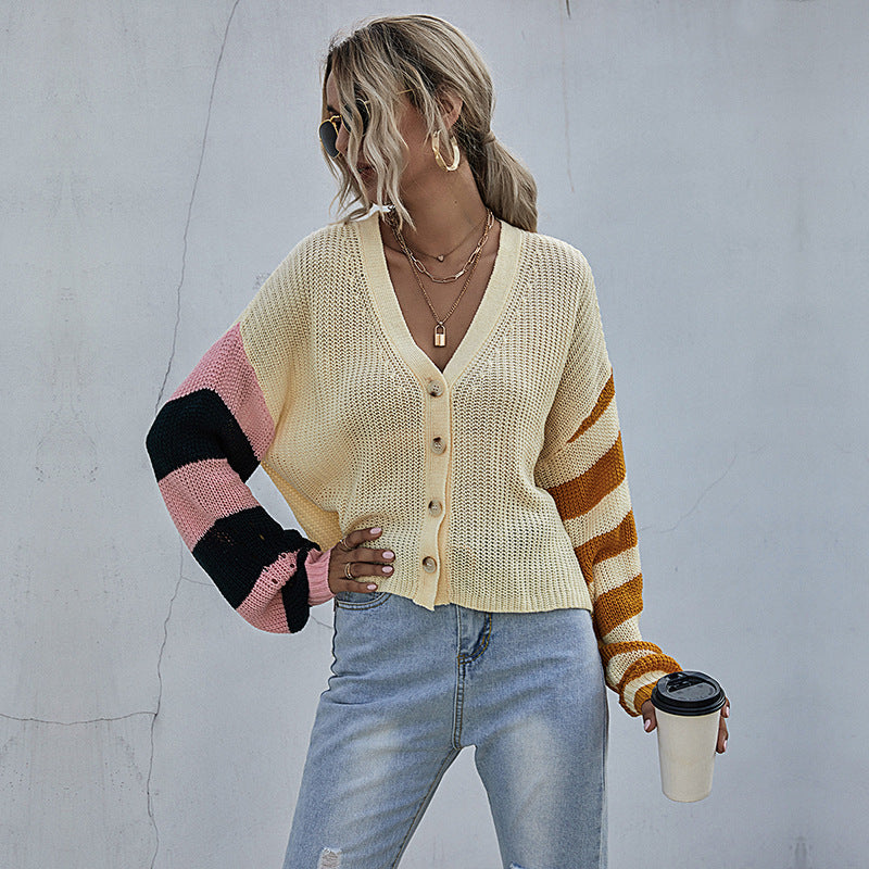Women's Fashion Splicing Long-Sleeved Cardigan Sweater Spring And Autumn Coat Women