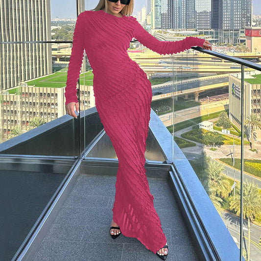 Solid Color Simple Temperament Long Dress Slim Round Neck Long Sleeve Dress Waist Slimming Bag Hip Large Size Elastic Base Skirt