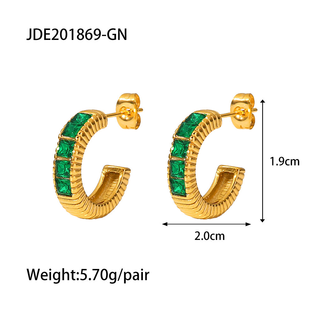 5pcs 18K Gold Stainless Steel Five Square Green Zircon Inlaid Thread C-Shaped Earrings Light Luxury Of All Matching Earrings