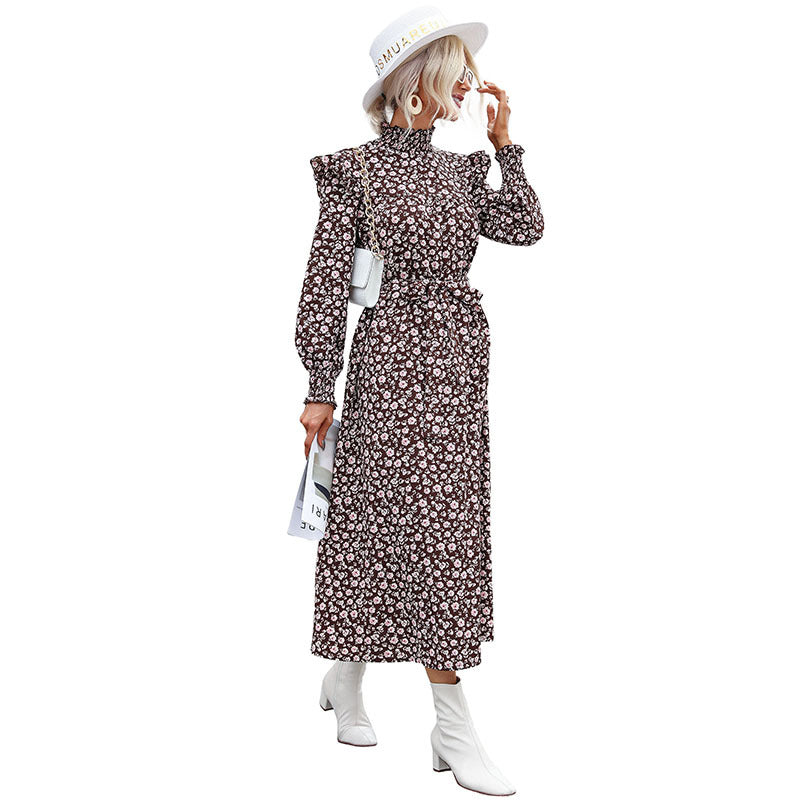 Fashion Women's Spring High-Neck Long Sleeve Printed Long Dress Women
