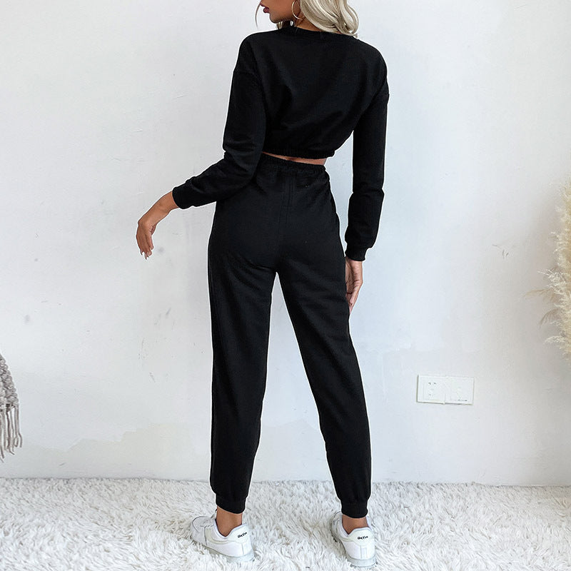 New Black Short Hoodie Sports And Leisure Suit Two-Piece Set