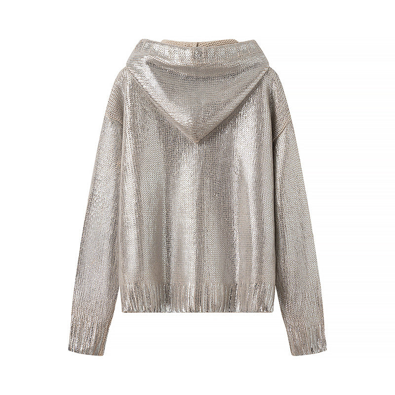 New Silver Metal Rib Hooded Long-Sleeved Drawstring Pullover Sweater