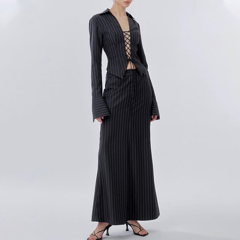 Women's Autumn New Sexy Temperament Satin Lace-Up Long Sleeve Top Fashion Skirt Suit