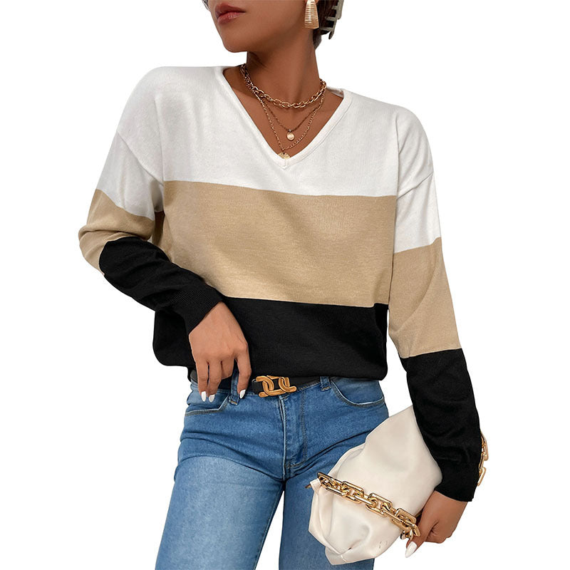 Autumn Winter Loose Casual V-Neck Top Color Long-Sleeved Sweater Women