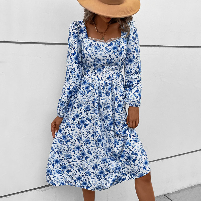 Autumn New Fashion Women's Square Collar Print Vintage Dress Women